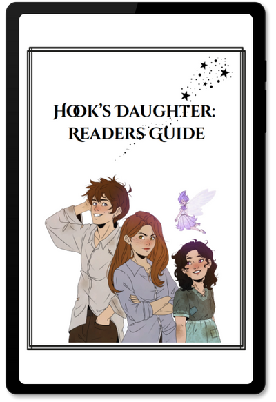 An image of the "Hook's Daughter: Readers' Guide" by R.V. Bowman displayed on a kindle screen. On the cover are the three main child characters and a fairy.