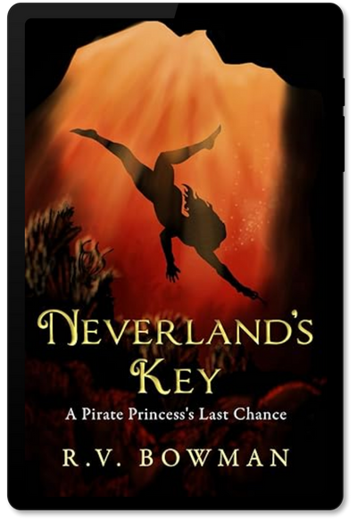 An image of the cover of R. V. Bowman's middle grade fairytale retelling novel "Neverland's Key: A Pirate Princess's Last Chance" (book 3 in the Pirate Princess Chronicles) displayed on a kindle screen. The cover depicts the silhouette of a girl swimming underwater.
