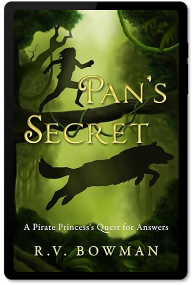 An image of the cover of R. V. Bowman's middle grade fairytale retelling novel "Pan's Secret: A Pirate Princess's Quest for Answers" (book 2 in the Pirate Princess Chronicles) displayed on a kindle screen. The cover depicts the silhouettes of a girl and a dog running through a jungle.