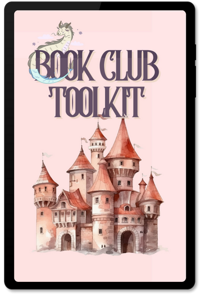 An image of R. V. Bowman's Book Club Toolkit displayed on a kindle screen. Around the text is a cartoon-styled dragon, and beneath it is the image of a fantasy castle.