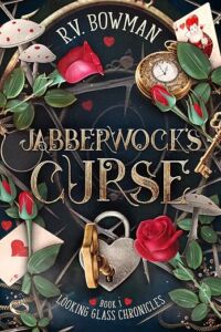 Book Cover titled Jabberwock's Curse. Has red flowers and a heart lock and key on black background