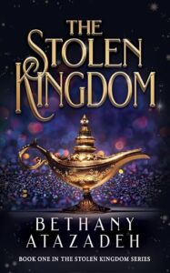 book cover of Stolen Kingdom. Has genie lamp and descriptive font on purple-ish background.