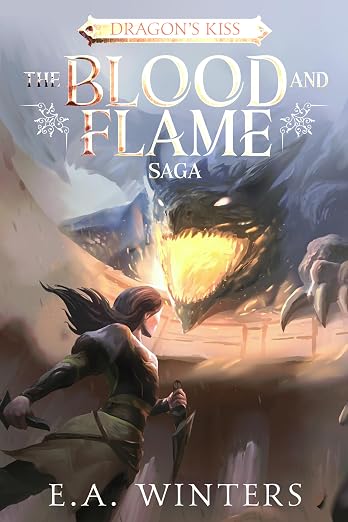 book cover with a fantasy illustration of a dragon and person on cover