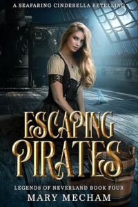 book cover of Escaping pirates. Has a girl in old fashioned dress kneeling in the hold of a pirate ship