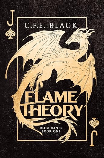 book cover with the gold silhouette of a dragon plus title in gold Flame Theory