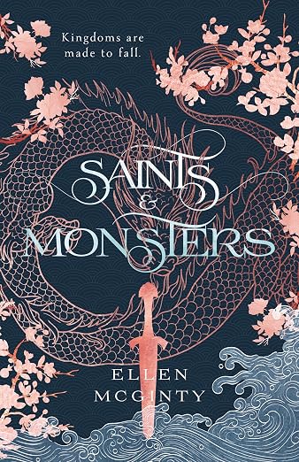 book cover of Saints and Monsters. shows a small sword under title with pink blossoms on sides and a pink line drawing of a Chinese style dragon