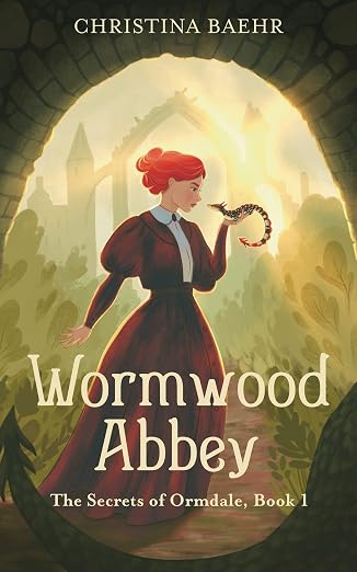 Illustrated cover with Wormwood Abbey across it. Has an illustrated drawing of a Victorian era woman with read hair holding a small dragon