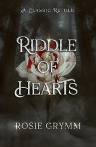 Title Riddle of Hearts over a white rose with blood red details on a black background